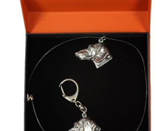 NEW, Teckel (no coat), Dachshund smoothhaired, dog keyring and necklace in casket, PRESTIGE set, limited edition, ArtDog