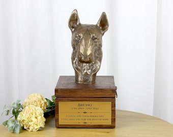 Bull Terrier urn for dog's ashes, Urn with engraving and sculpture of a dog, Urn with dog statue and engraving, Custom urn for a dog