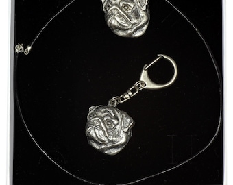 NEW, Pug, dog keyring and necklace in casket, ELEGANCE set, limited edition, ArtDog . Dog keyring for dog lovers