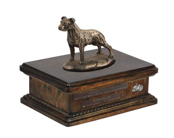 Exclusive Urn for dog ashes with a Amstaff uncropped statue, relief and inscription. ART-DOG. New model. Cremation box, Custom urn.