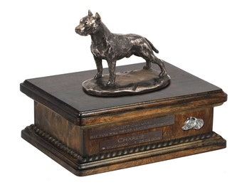 Exclusive Urn for dog ashes with a Amstaff cropped statue, relief and inscription. ART-DOG. New model. Cremation box, Custom urn.