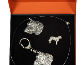 NEW, Irish Wolfhound, dog keyring, necklace and pin in casket, PRESTIGE set, limited edition, ArtDog . Dog keyring for dog lovers
