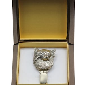 NEW, Chihuahua longhaired, dog clipring, in casket, dog show ring clip/number holder, limited edition, ArtDog