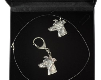 NEW, Whippet, dog keyring and necklace in casket, DELUXE set, limited edition, ArtDog . Dog keyring for dog lovers