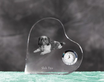 Shih Tzu- crystal clock in the shape of a heart with the image of a pure-bred dog.