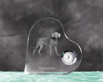 Weimaraner- crystal clock in the shape of a heart with the image of a pure-bred dog.