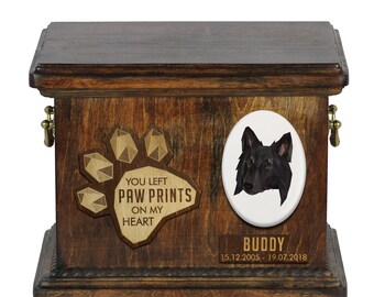 Urn for dog ashes with ceramic plate and sentence - Geometric Belgian Shepherd, ART-DOG. Cremation box, Custom urn.