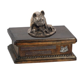 Exclusive Urn for dog ashes with a French Bulldog mother statue, relief and inscription. ART-DOG. New model. Cremation box, Custom urn.