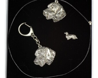 NEW, Teckel Wirehaired, dog keyring, necklace and pin in casket, ELEGANCE set, limited edition, ArtDog . Dog keyring for dog lovers