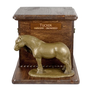 Fell pony-merrie Grote urn voor paardenas, aanpasbare urn, urn voor paard met standbeeld, paardengedenkteken met beeldhouwwerk