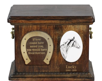Urn for horse ashes with ceramic plate and sentence - Thoroughbred, ART-DOG. Cremation box, Custom urn.