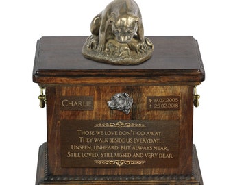 English Staffordshire Terrier mother- Exclusive Urn for dog ashes with a statue, relief and inscription. ART-DOG. Cremation box, Custom urn.