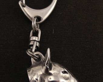 Bull Terrier Keychain, Silver Plated Head Keyring, Gift for Dog Lovers, Art-Dog
