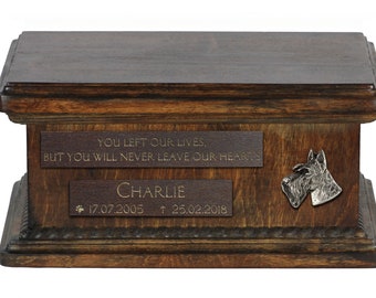 Urn for dog’s ashes with relief and sentence with your dog name and date - Scottish Terrier, ART-DOG. Low model. Cremation box, Custom urn.