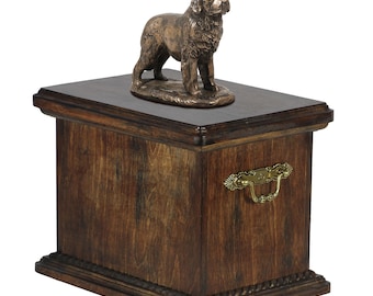 Urn for dog’s ashes with a Newfoundland statue, ART-DOG Cremation box, Custom urn.