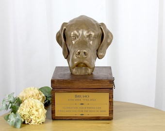 Pointer urn for dog's ashes, Urn with engraving and sculpture of a dog, Urn with dog statue and engraving, Custom urn for a dog