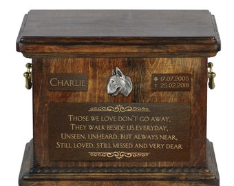 Urn for dog’s ashes with relief and sentence with your dog name and date - Bull Terrier, ART-DOG. Cremation box, Custom urn.