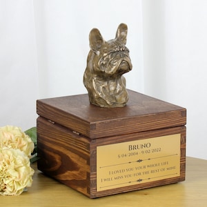 French Bulldog urn for dog's ashes, Urn with engraving and sculpture of a dog, Urn with dog statue and engraving, Custom urn for a dog
