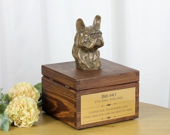 French Bulldog urn for dog's ashes, Urn with engraving and sculpture of a dog, Urn with dog statue and engraving, Custom urn for a dog