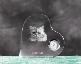 Persian Cat - crystal clock in the shape of a heart with the image of a pure-bred cat.