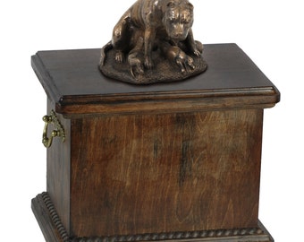 Urn for dog’s ashes with a American Staffordshire Terrier mother statue, ART-DOG Cremation box, Custom urn.