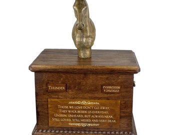 Hanoverian horse Big Urn for Horse Ashes, Urn with Name, Dates and Quote, Memorial with Statue on Top, Wooden Urn,Customizable Urn for horse