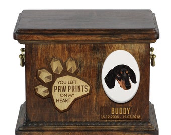 Urn for dog ashes with ceramic plate and sentence - Geometric Dachshund, ART-DOG. Cremation box, Custom urn.