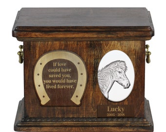 Urn for horse ashes with ceramic plate and sentence - Icelandic horse, ART-DOG. Cremation box, Custom urn.