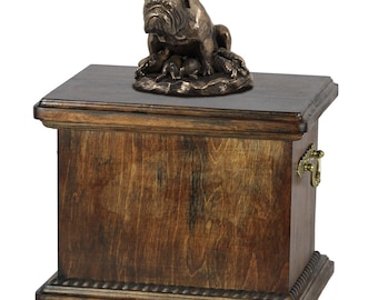 Urn for dog’s ashes with a English Bulldog mum statue, ART-DOG Cremation box, Custom urn.