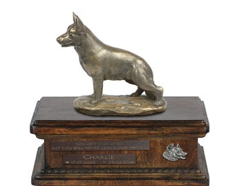Exclusive Urn for dog ashes with a German Shepherd statue, relief and inscription. ART-DOG. New model. Cremation box, Custom urn.