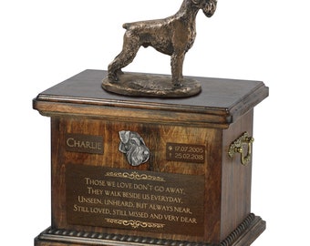 Schnauzer uncropped - Exclusive Urn for dog ashes with a statue, relief and inscription. ART-DOG. Cremation box, Custom urn.