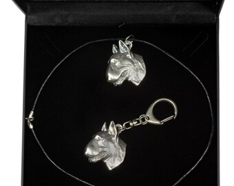 NEW, Bullterrier (flat medallion), dog keyring and necklace in casket, DELUXE set, limited edition, ArtDog . Dog keyring for dog lovers