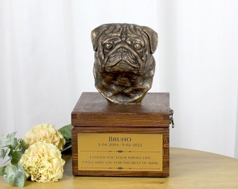 Pug, Mops urn for dog's ashes, Urn with engraving and sculpture of a dog, Urn with dog statue and engraving, Custom urn for a dog