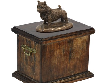 Urn for dog’s ashes with a Norwich Terrier statue, ART-DOG Cremation box, Custom urn.