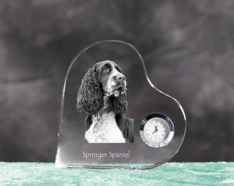 English Springer Spaniel- crystal clock in the shape of a heart with the image of a pure-bred dog.