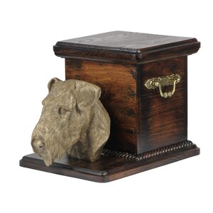 Airedale Terrier Urn for Ashes with Statue, Personalized Wooden Pet Memorial Box, Art-Dog