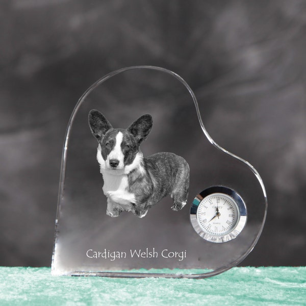 Cardigan Welsh Corgi- crystal clock in the shape of a heart with the image of a pure-bred dog.