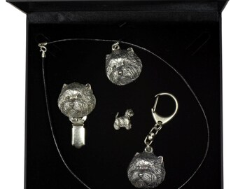 NEW, West Highland White Terrier, dog keyring, necklace, pin and clipring in casket, DELUXE set, limited edition, ArtDog