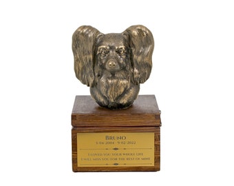 Papillon urn for dog's ashes, Urn with engraving and sculpture of a dog, Urn with dog statue and engraving, Custom urn for a dog