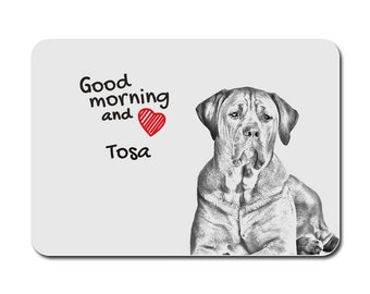 Op de afbeelding: Een zwart-witte illustratie van een Tosa-hond met de tekst "Good morning and" en een rood hart, gevolgd door de naam "Tosa".