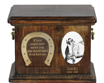 Urn for horse ashes with ceramic plate and sentence - Clydesdale, ART-DOG. Cremation box, Custom urn.