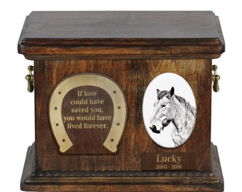 Urn for horse ashes with ceramic plate and sentence - Ardennes horse, ART-DOG. Cremation box, Custom urn.
