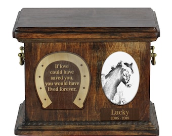 Urn for horse ashes with ceramic plate and sentence - Clydesdale 2, ART-DOG. Cremation box, Custom urn.