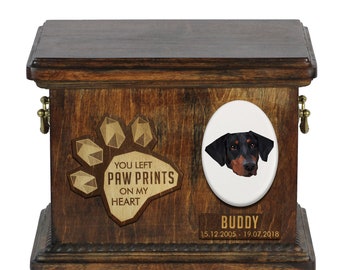 Urn for dog ashes with ceramic plate and sentence - Geometric Dobermann uncropped, ART-DOG. Cremation box, Custom urn.