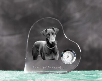 Dobermann- crystal clock in the shape of a heart with the image of a pure-bred dog.