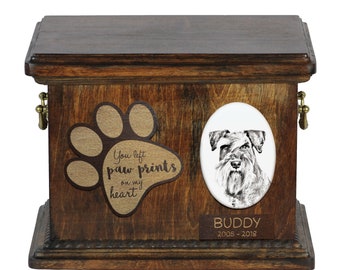 Urn for dog’s ashes with ceramic plate and description - Schnauzer, ART-DOG Cremation box, Custom urn.