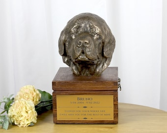 Newfoundland urn for dog's ashes, Urn with engraving and sculpture of a dog, Urn with dog statue and engraving, Custom urn for a dog