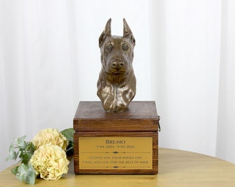 Doberman cropped urn for dog's ashes, Urn with engraving and sculpture of a dog, Urn with dog statue and engraving, Custom urn for a dog