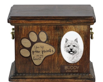 Urn for dog’s ashes with ceramic plate and description - Norwich Terrier, ART-DOG Cremation box, Custom urn.