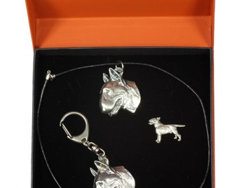 NEW, Bull Terrier, dog keyring, necklace and pin in casket, PRESTIGE set, limited edition, ArtDog . Dog keyring for dog lovers